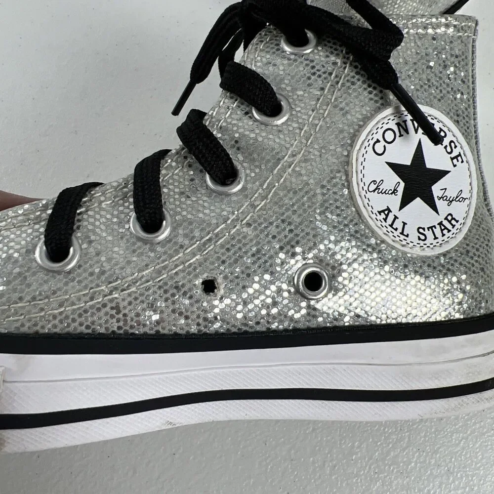 Silver Glitter Bling Converse Hi Top ￼Shoes Sneakers Girls Youth Size 12